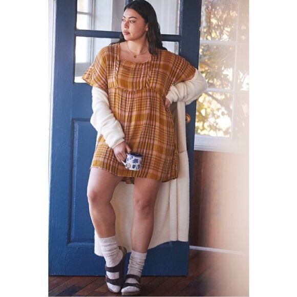 NEW Anthropologie Gauzy Plaid Cotton Flutter-Sleeve Babydoll Mini Dress Large - Picture 8 of 8